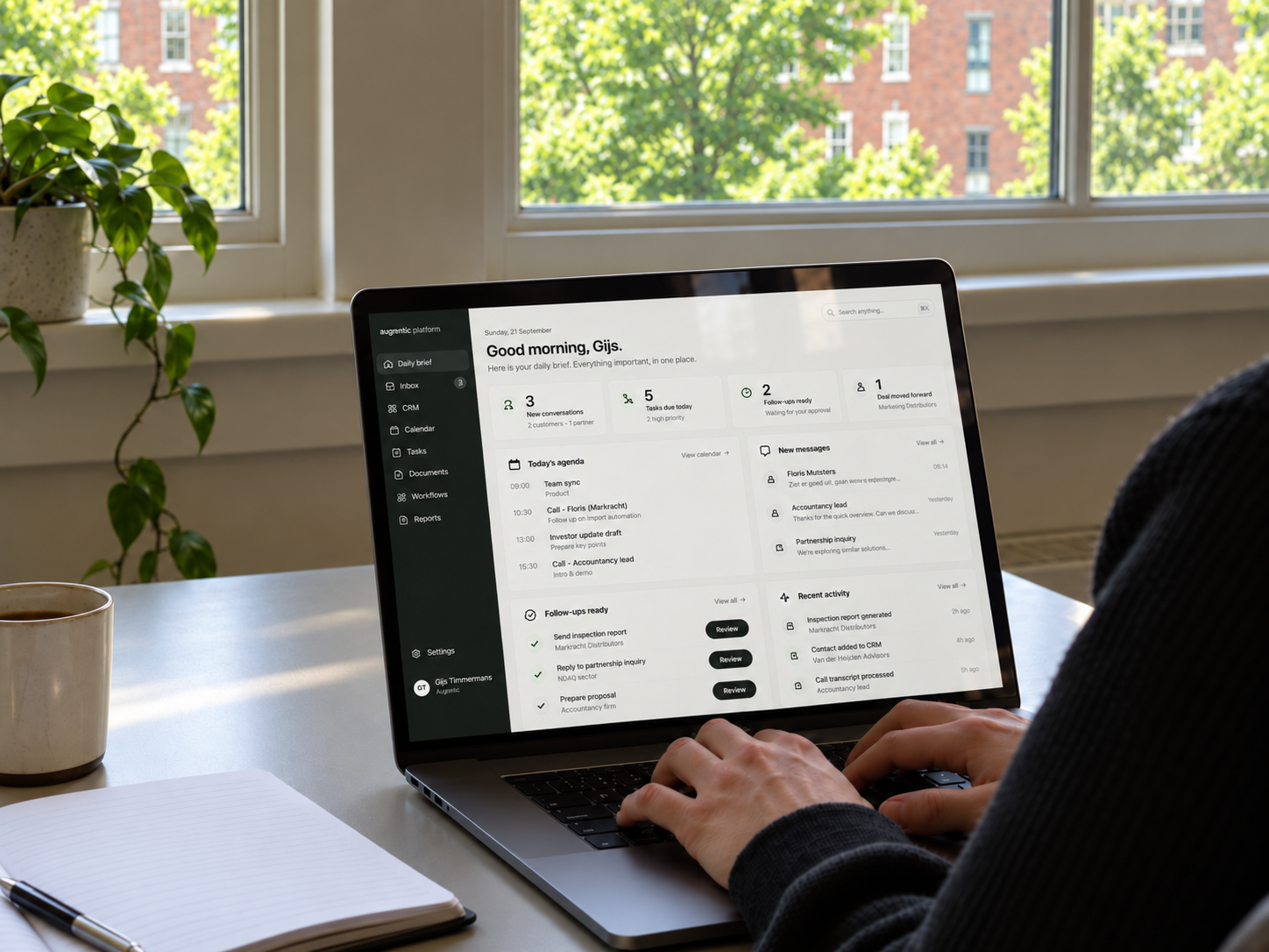 Owner reviewing the daily brief in the Aegentic platform