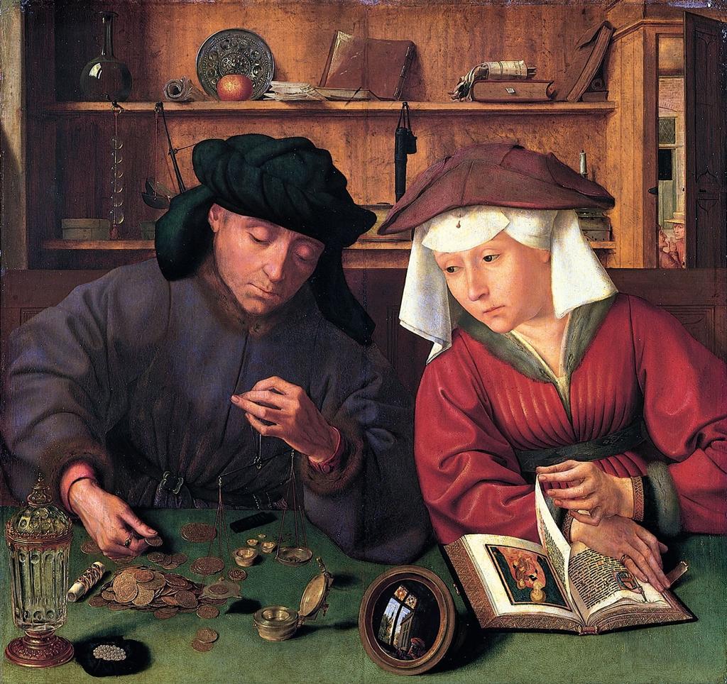 Een geldwisselaar en zijn vrouw wegen munten en houden hun boekhouding bij